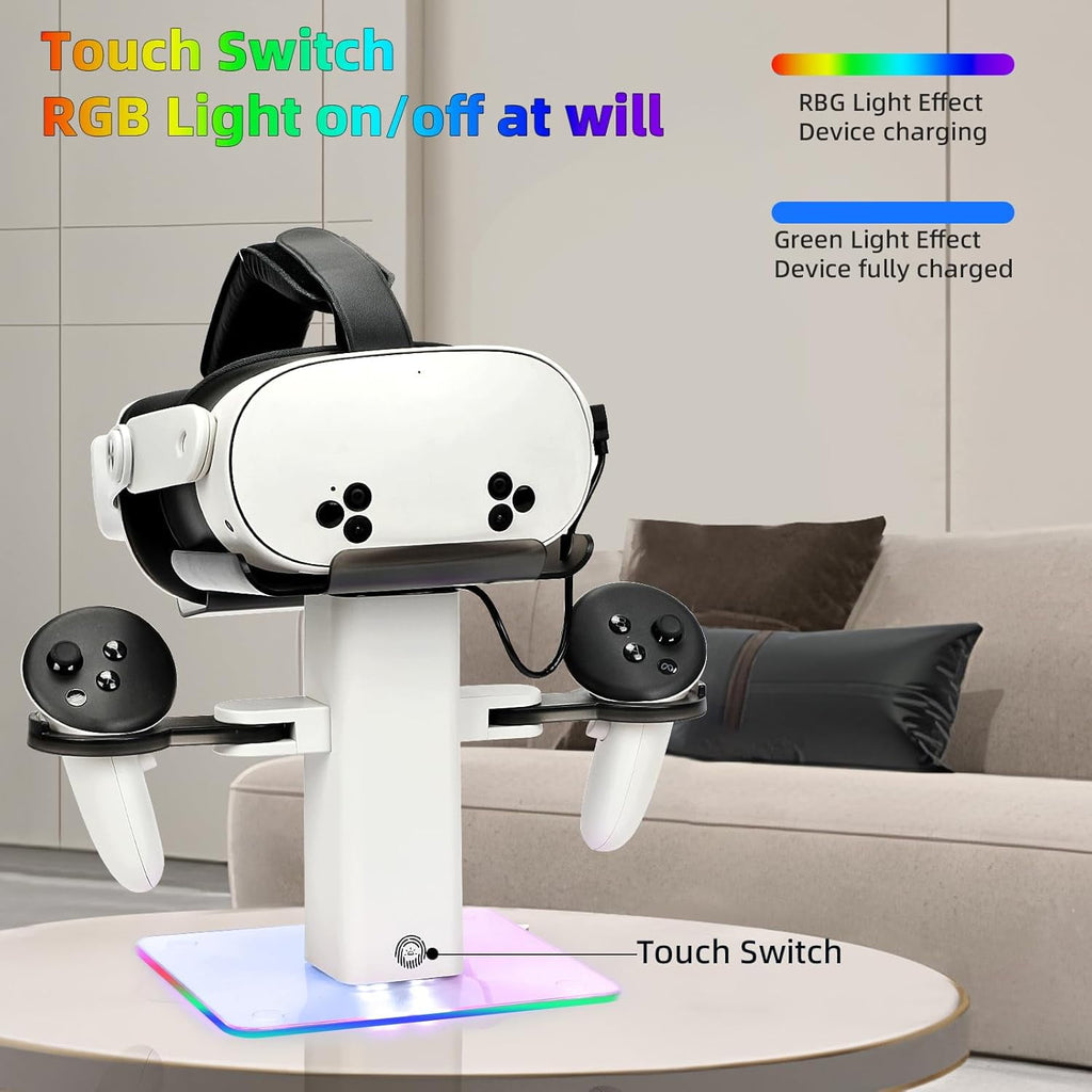 VR Stand Headset Charging Dock for Quest 3S/Quest 3/Quest 2 VR Headset Display Stand and Stable Bracket Storage Base Bottom RGB LED Light