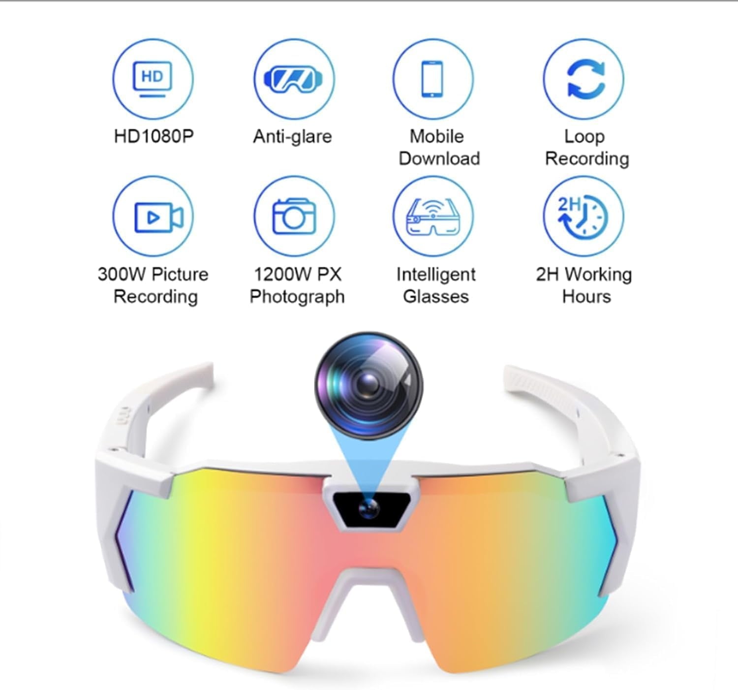 Wiher Smart Camera Glasses 4k POV Sports Glasses HD Recording Video Cycling Action Sunglasses Wearable Audio Take a Picture Wireless Photography Shooting VCR，Suitable for Men and Women(Blue)