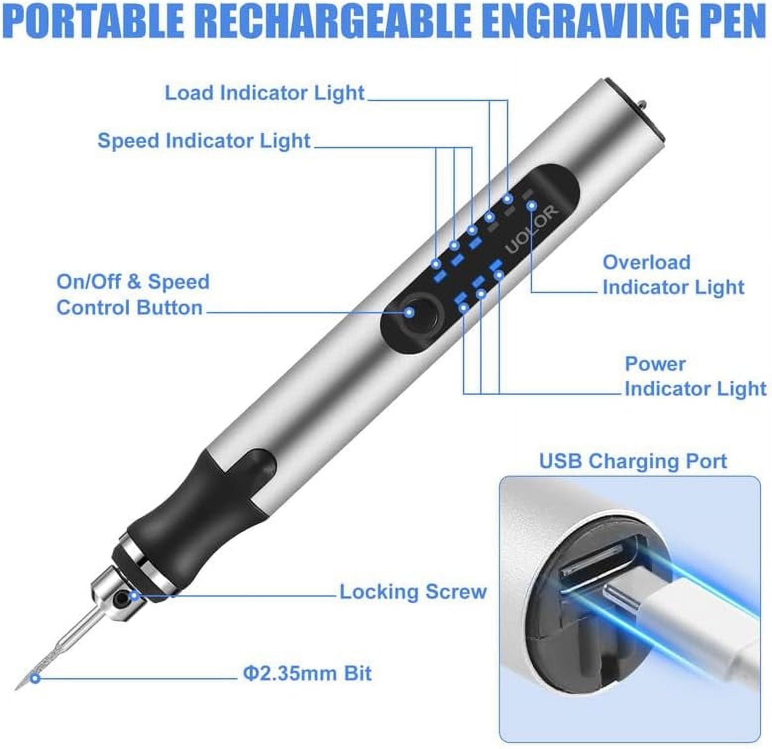 Wiher Electric Engraving Pen Kit with 42 Bits Mini Electric DIY Engraver Cordless Rotary Tools Portable Engraving Tool for Jewelry Wood Metal Stone Plastic Glass Etching (Silver)