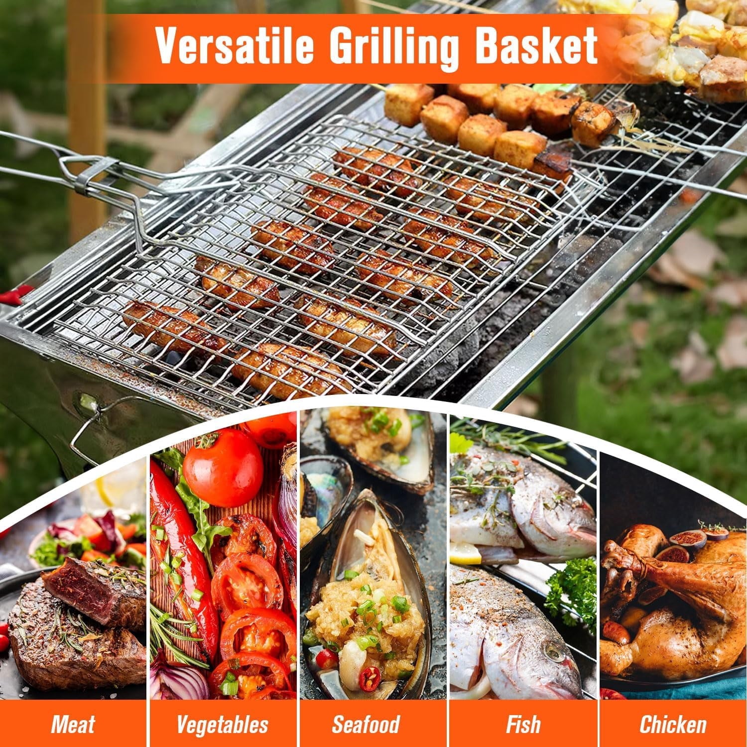 Prociv Grill Basket with Foldable Handle BBQ Basket Accessories Stainless Steel BBQ Grill Mesh BBQ Vegetable Slices Basket Suitable for Vegetable Fries Fish
