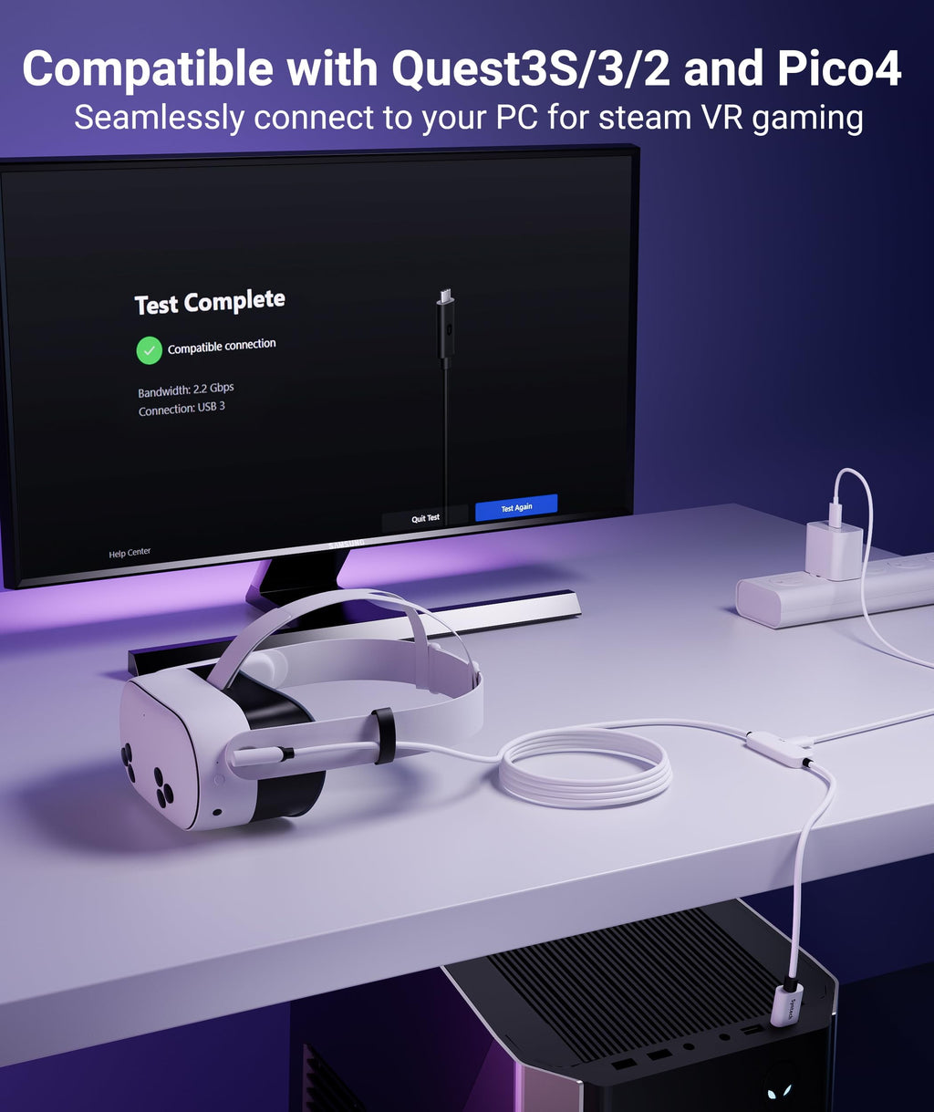 VR Link Cable with Charging 16FT Compatible with Oculus/Meta Quest 3S/3 Accessories Quest2/Pro Pico4 Link Cable for SteamVR Charge & Link Simultaneously