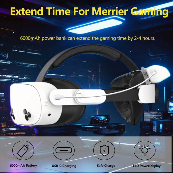 Batery Head Strap for Meta Quest 3S/3, 6000mAh Detachable Batery Pack Replacement for Quest 2, Adjustable Head Strap Enhanced Comfort and Support, Extend Playtime