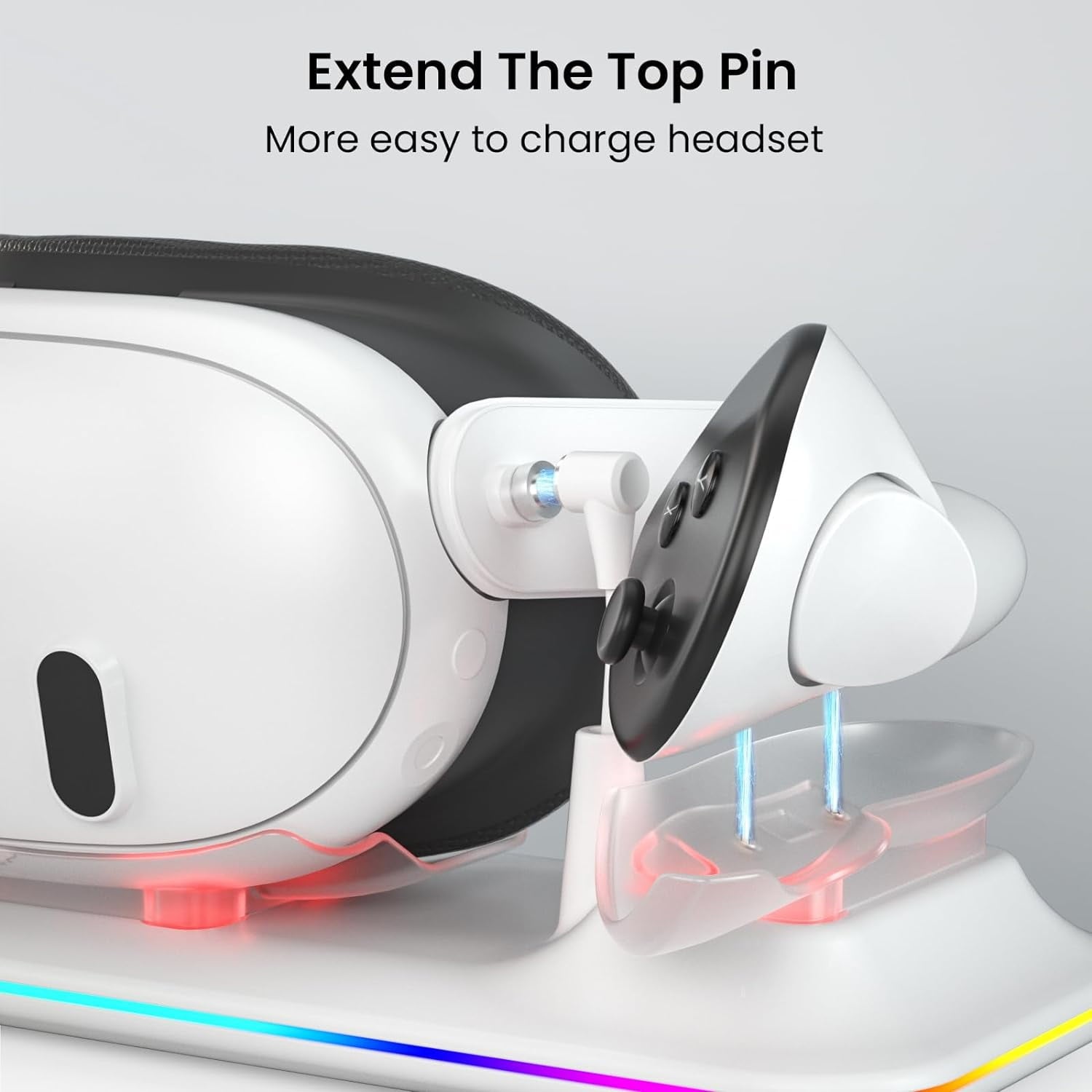 VR Charging Dock for Meta Quest 3 Fast Charging Station with Colorful RGB Light for Oculus Quest 3 Magnetic Charging Stand for VR Headset and Touch Controllers with 2 Rechargeable Batteries White