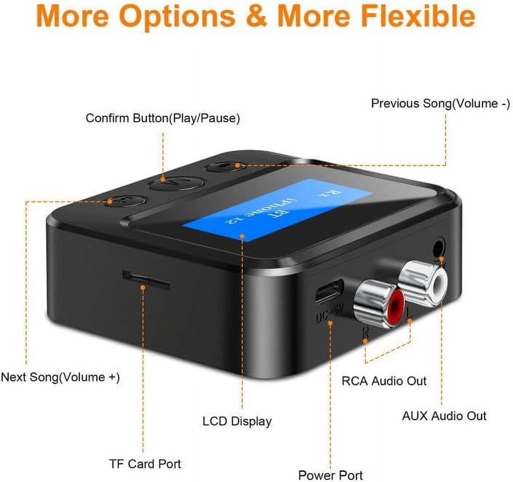Bluetooth Transmitter Receiver for TV Bluetooth Receiver for Home Stereo with RCA 3.5mm AUX & Display Music Audio Adapter for Headphones/Speakers/Airplane/Home Theater/PC/Car with TF Card Output