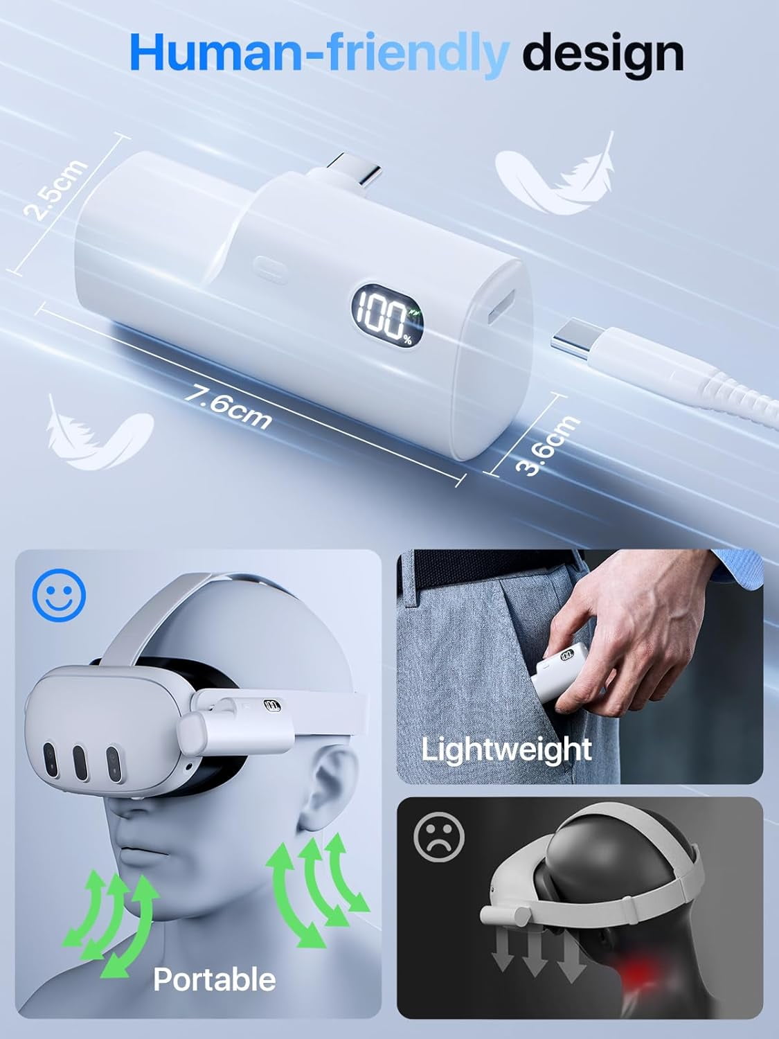 Battery Pack for Meta Quest 3S/3/2 Accessories for Oculus Quest 2/3/3S 5000mAh Extended Battery VR Headset Power Bank Extra 2-4H Playtime