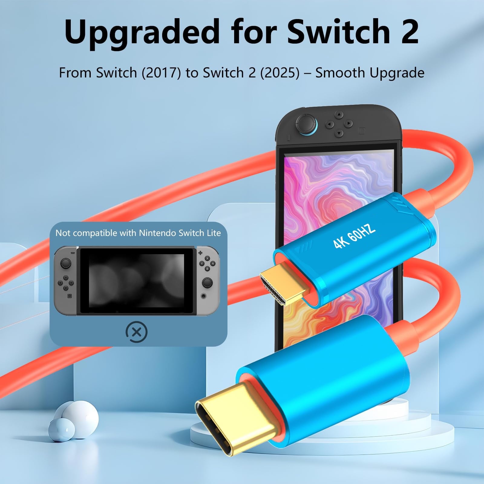Switch 2 HDMI Cable Dock Base Station 4K/60 Hz 48 Gbps USB C 3.2 to HDMI 2.0 6.6 ft Portable Travel TV Adapter Cord Compatible with Nintendo Switch 2/2017/OLED(Blue)