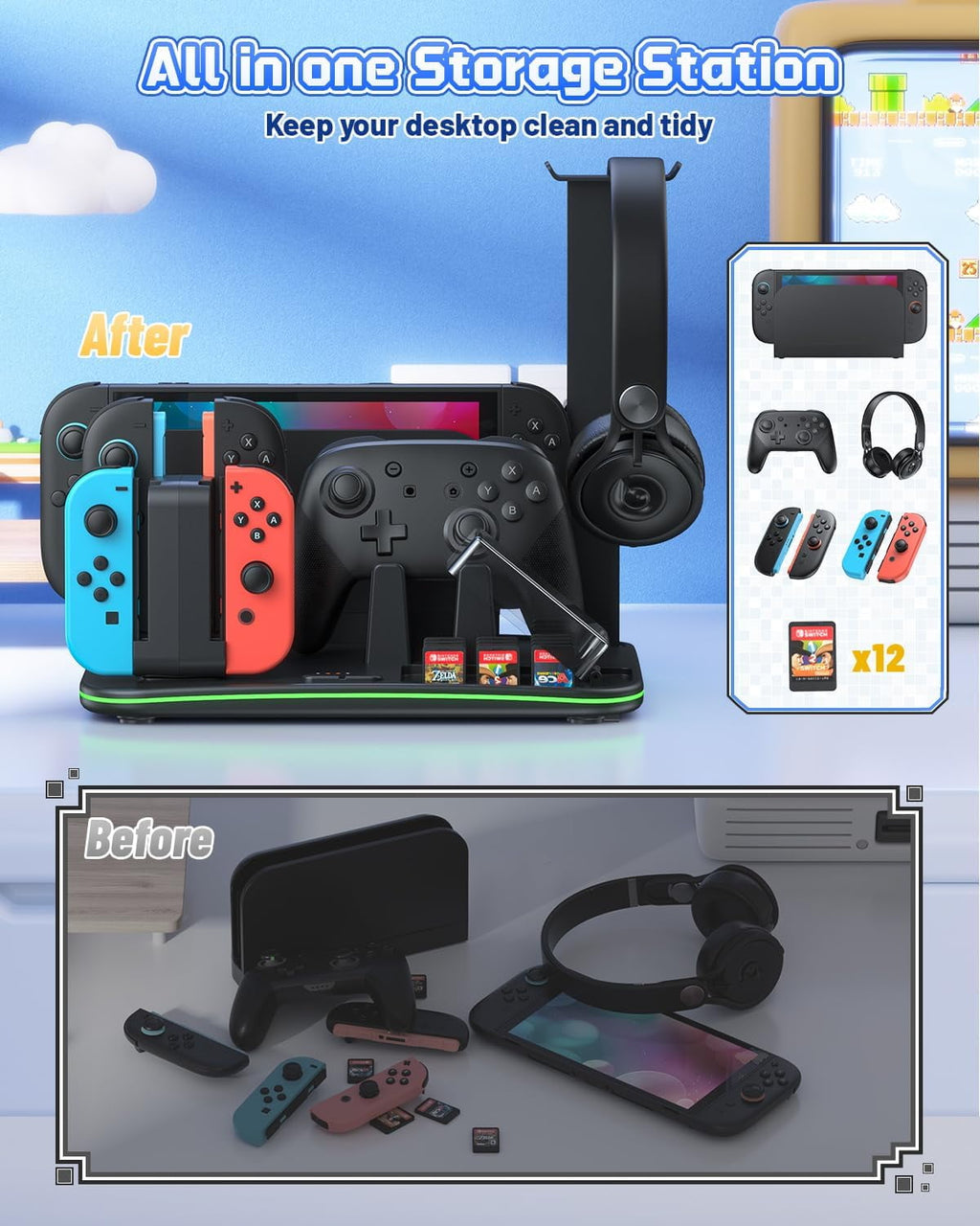 Charging Dock for Switch 2/1 Switch Cooling Fan for Nintendo Switch 2/1/OLED Storage Stand for JoyCon 2/1 with 12 Card Slots Controller/Headset Holder 9 RGB Modes