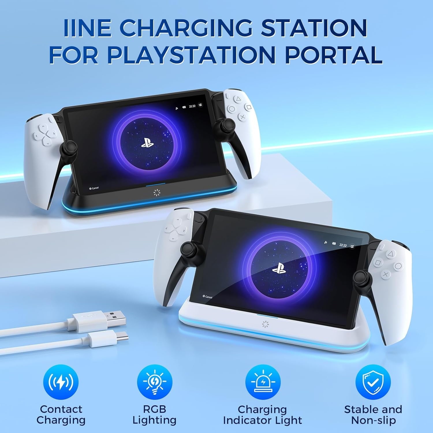 Charging Stand for PlayStation Portal Enhanced Stability Charger Dock or Station with On/Off RGB Light and Type-C Cable Pogo Pin Adapter and 30° Comfort Angle Design for PS Portal (Black)