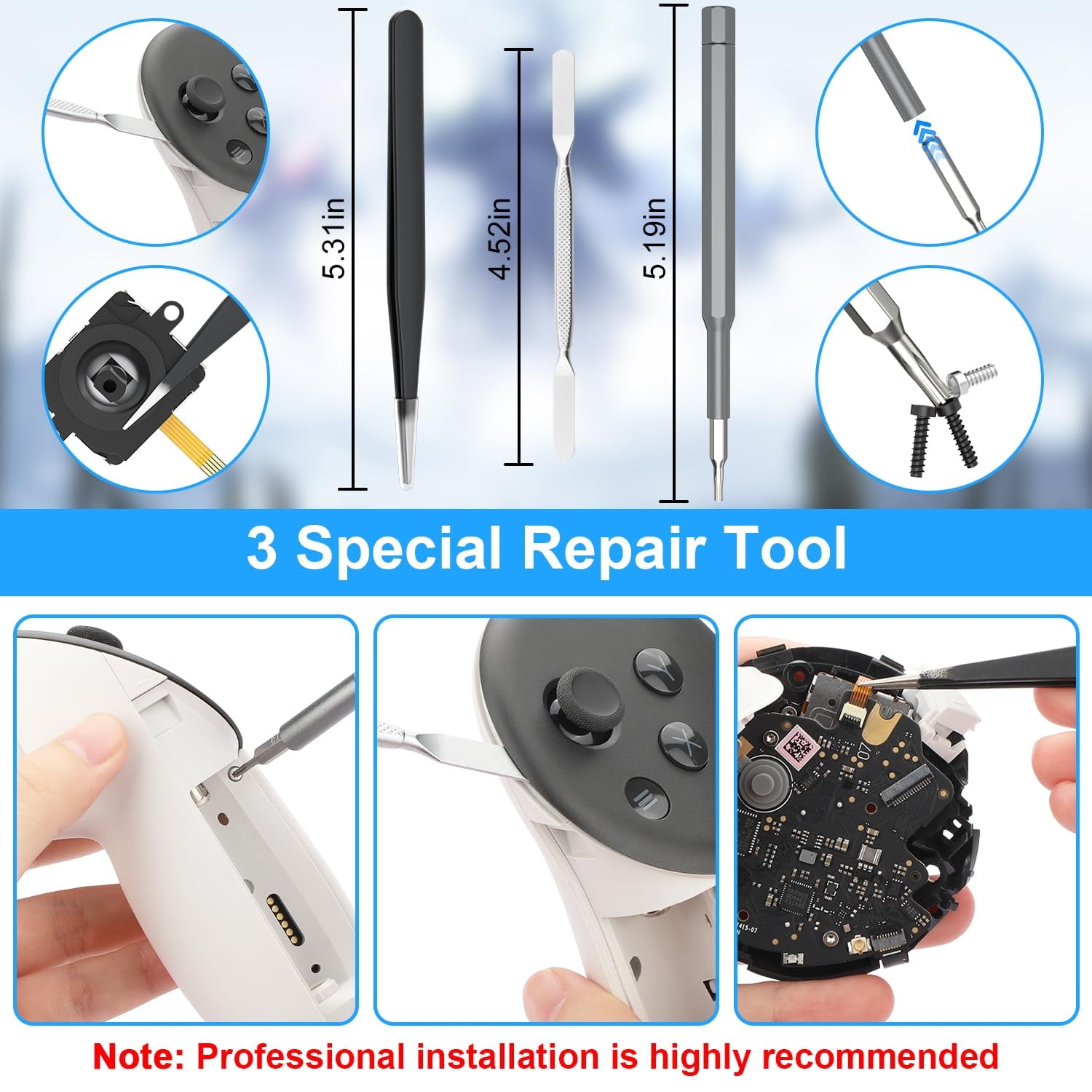 Joystick Replacement Kit for Oculus Quest 2 Repair Kit for Meta Quest 3 Controller 9 in 1 Joystick Thumbstick Cap Replacement Accessories Parts Drift Repair with Tools