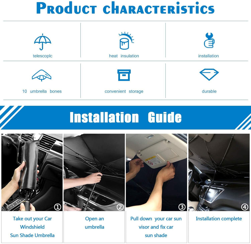 Car Windshield Sun Shade Umbrella Foldable Block UV Rays and Heat Sun Visor Protector Car Window Shades Fits Most Vehicle Models