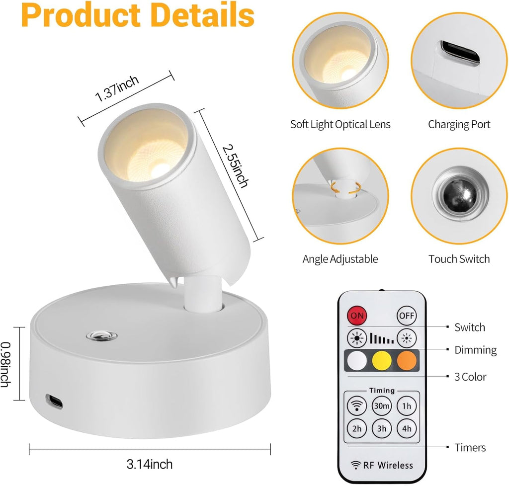 Wireless Led Spotlight Indoor Rechargeable Uplighting Indoor with Remote Dimmable 350° Rotate Battery Powered Ceiling Spotlight for Artwork Painting Tree White 2pcs