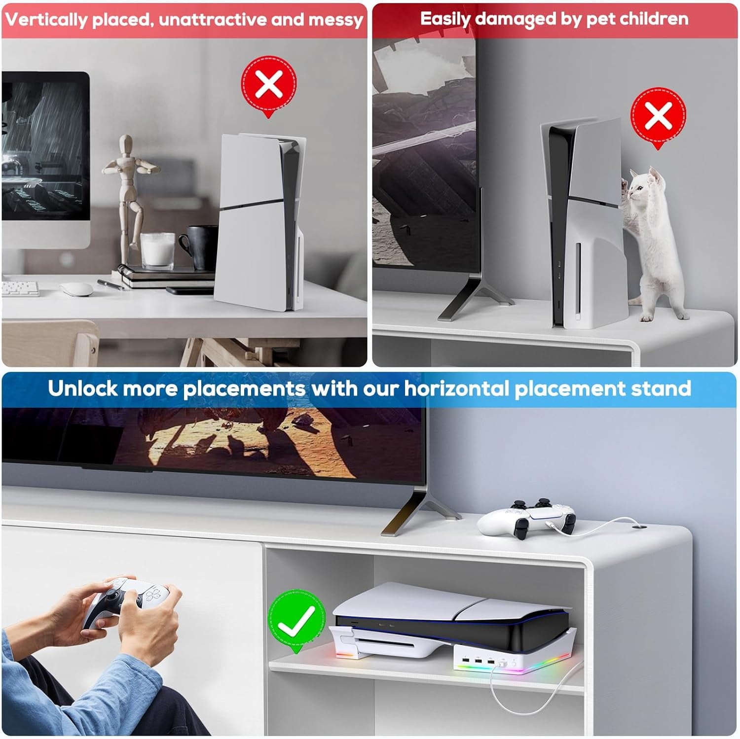 RGB Horizontal Stand for PS5 Pro / Slim Console Accessories with 14 Light Mode and 4 USB Hubs Side Stand for Playstation 5 Pro / Slim Disc & Digital Base Holder with Fast Charging White