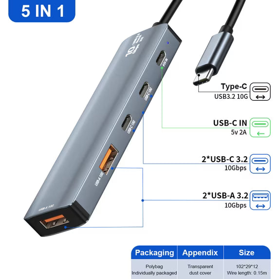 USB C Hub, 5 Port USB 3.2 Hub with 10Gbps Data Transfer and 5V USB-C Power, 2 USB-A & 2 USB-C Data Ports for MacBook Pro/Air, iPad Pro, iMac, Surface, XPS and More