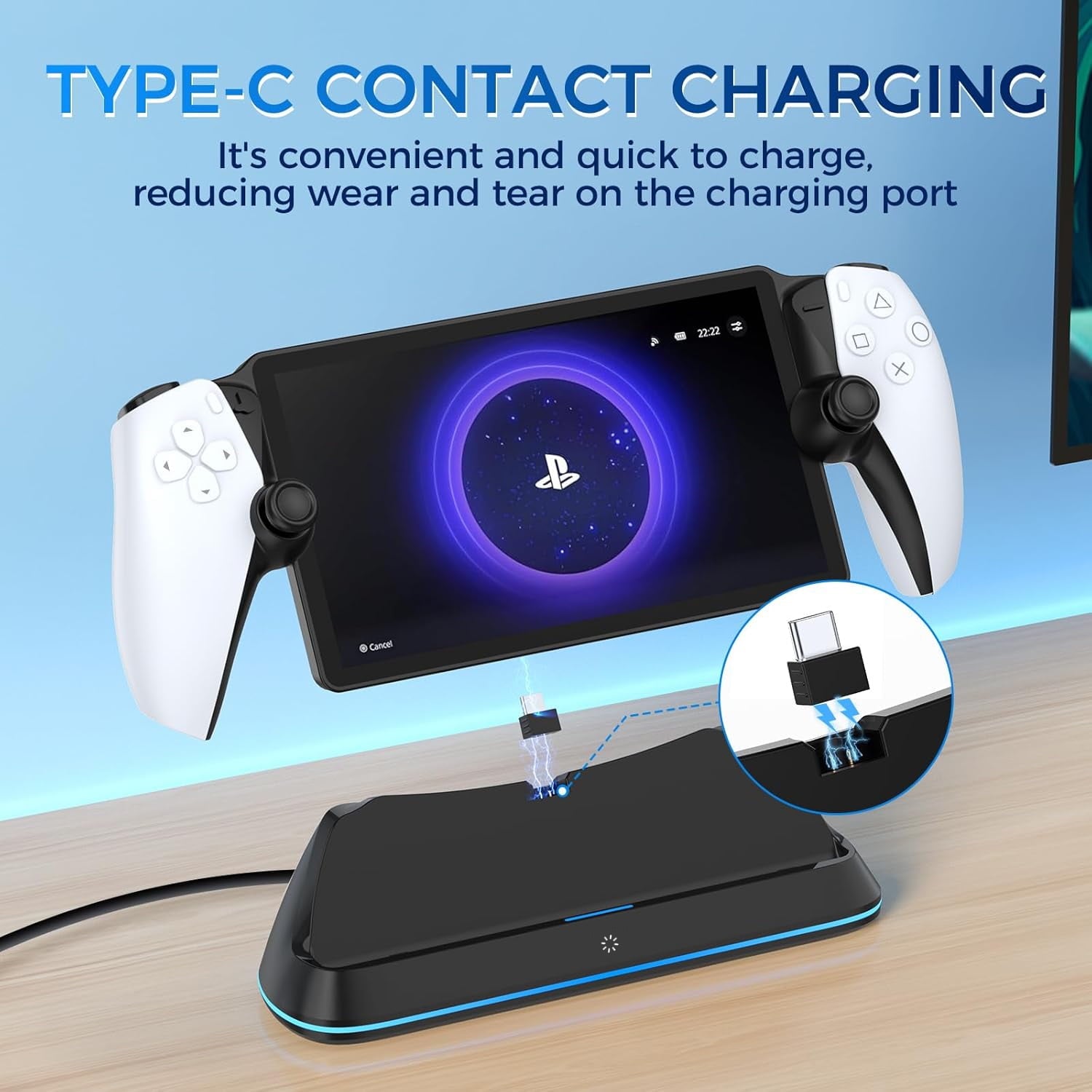 Charging Stand for PlayStation Portal Enhanced Stability Charger Dock or Station with On/Off RGB Light and Type-C Cable Pogo Pin Adapter and 30° Comfort Angle Design for PS Portal (Black)
